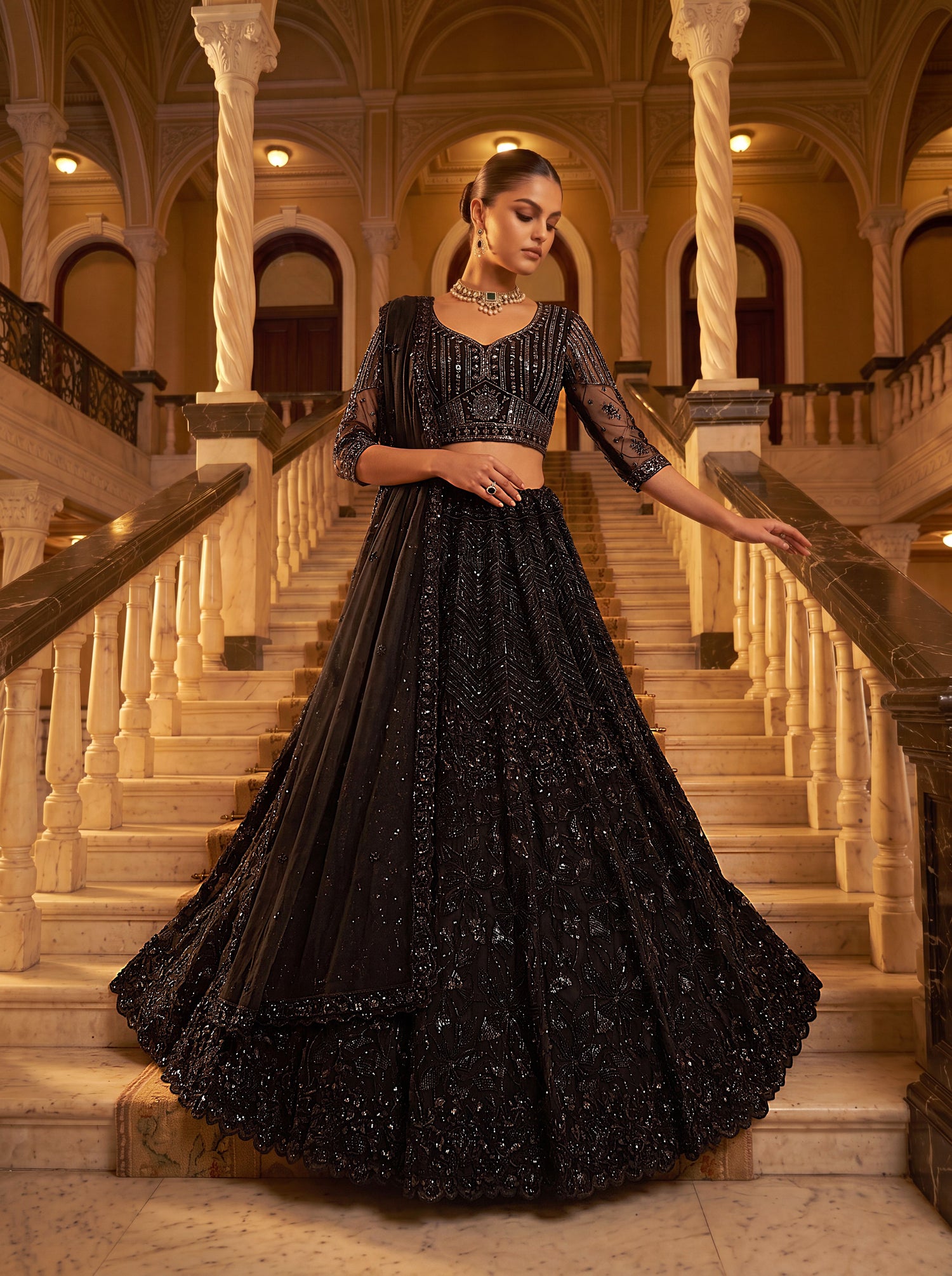 Z Black Pure Heavy Net Monochrome Sequins Zari Embroidery Work Net Bridal Lehenga Choli