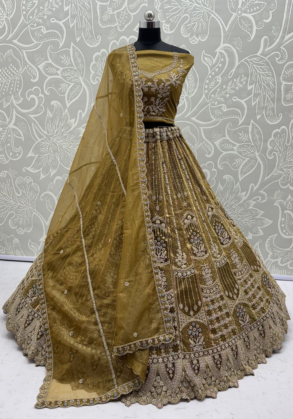 Mustard Pure Soft Heavy Net Fancy Embroidery Work Bridal Lehenga Choli