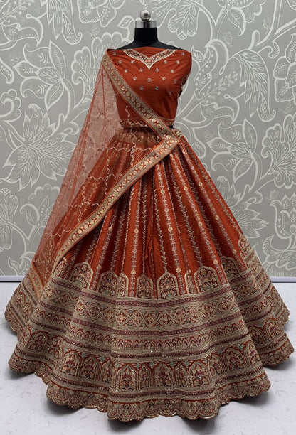 Orange Pure Soft Gadhwal Silk Heavy Embroidery Work Bridal Lehenga