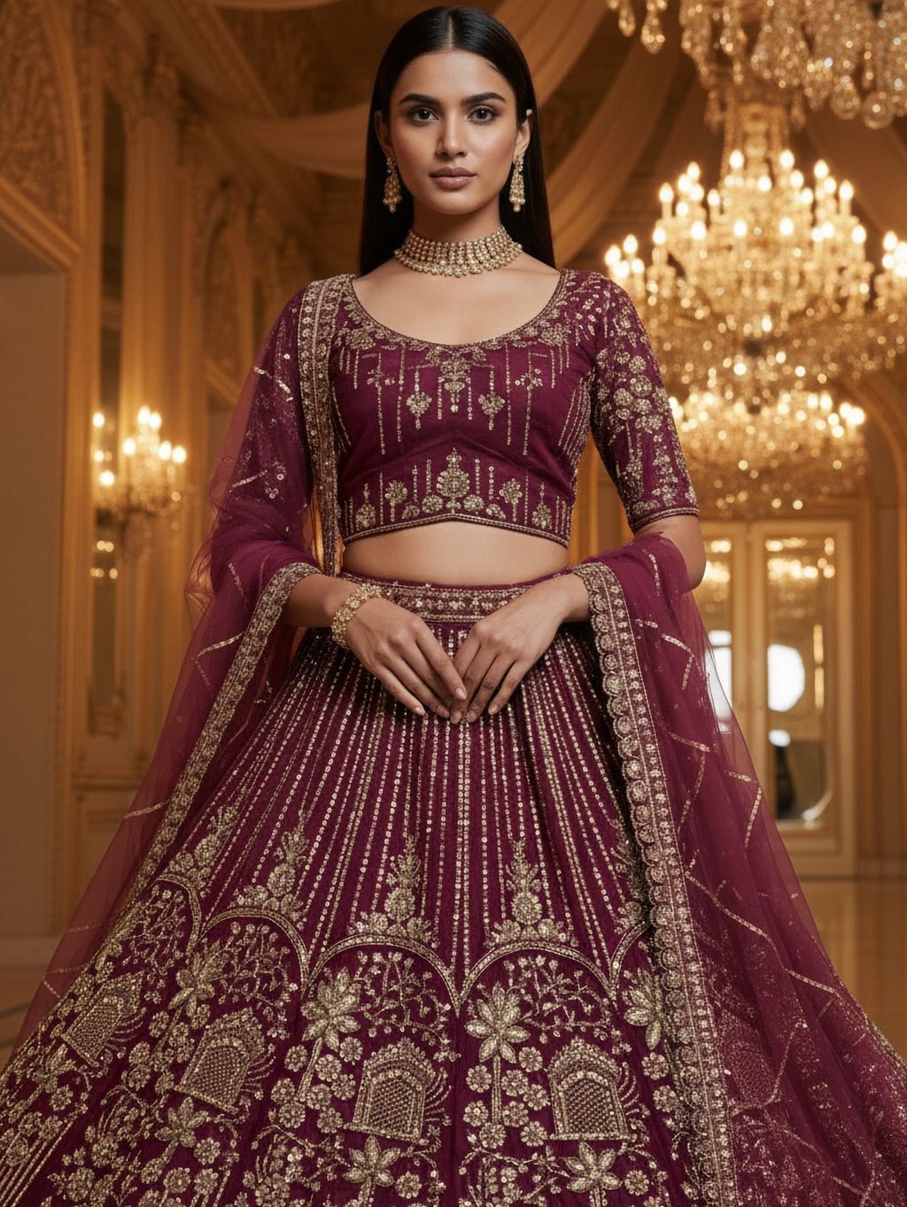 Rasperry Pure Soft Net Heavy Embroidery Work Bridal Lehenga