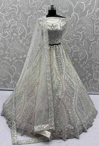 White Pure Soft Heavy net Silk Heavy Embroidery Work Bridal Lehenga