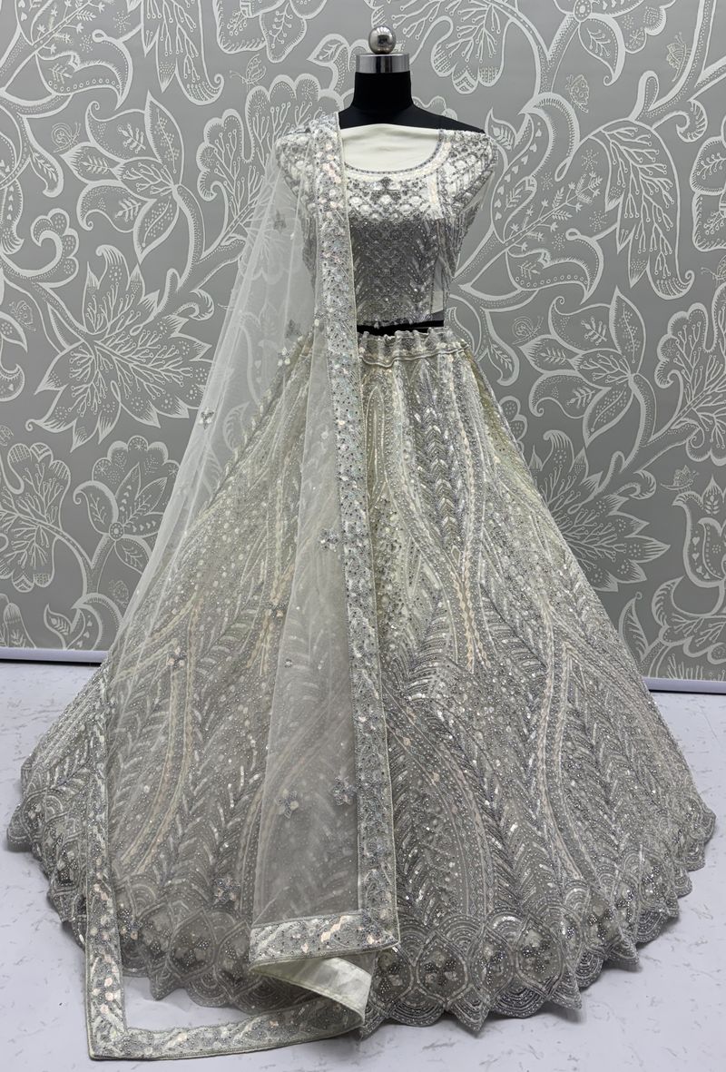White Pure Soft Heavy net Silk Heavy Embroidery Work Bridal Lehenga