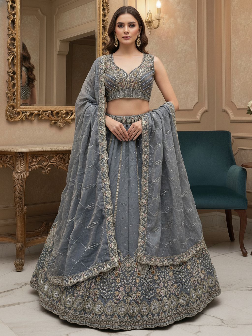 Stone Grey Pure Soft Gadhwal Silk Heavy Embroidery Work Bridal Lehenga