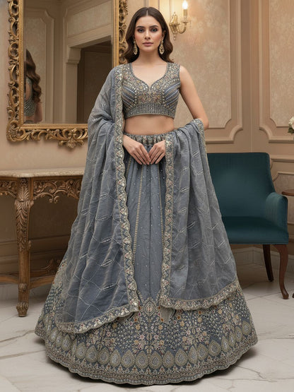 Stone Grey Pure Soft Gadhwal Silk Heavy Embroidery Work Bridal Lehenga