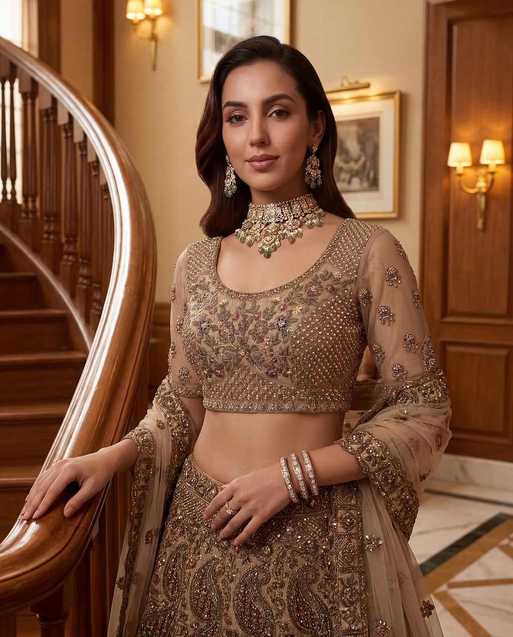 Beige Pure Soft Heavy Net Sequins Embroidery Work Bridal Lehenga 