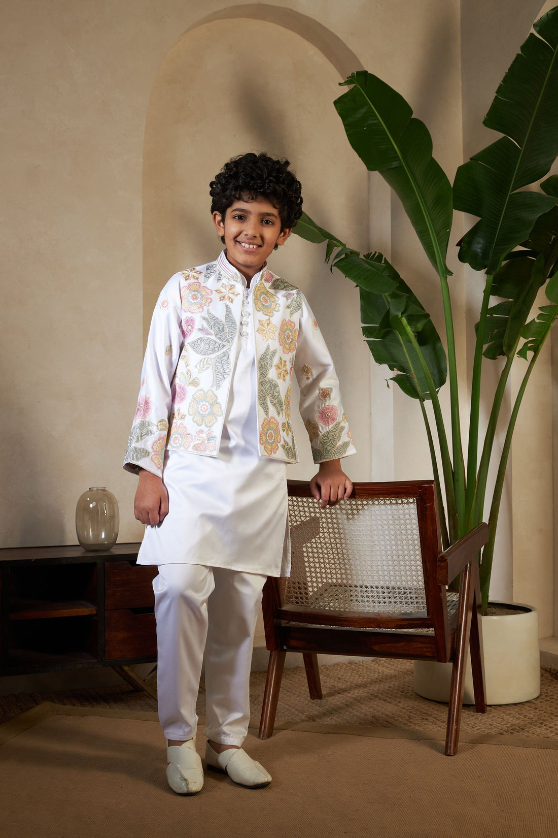 White Pure Satin Silk Kids Boy Kurta Pajama With Koti Jacket 