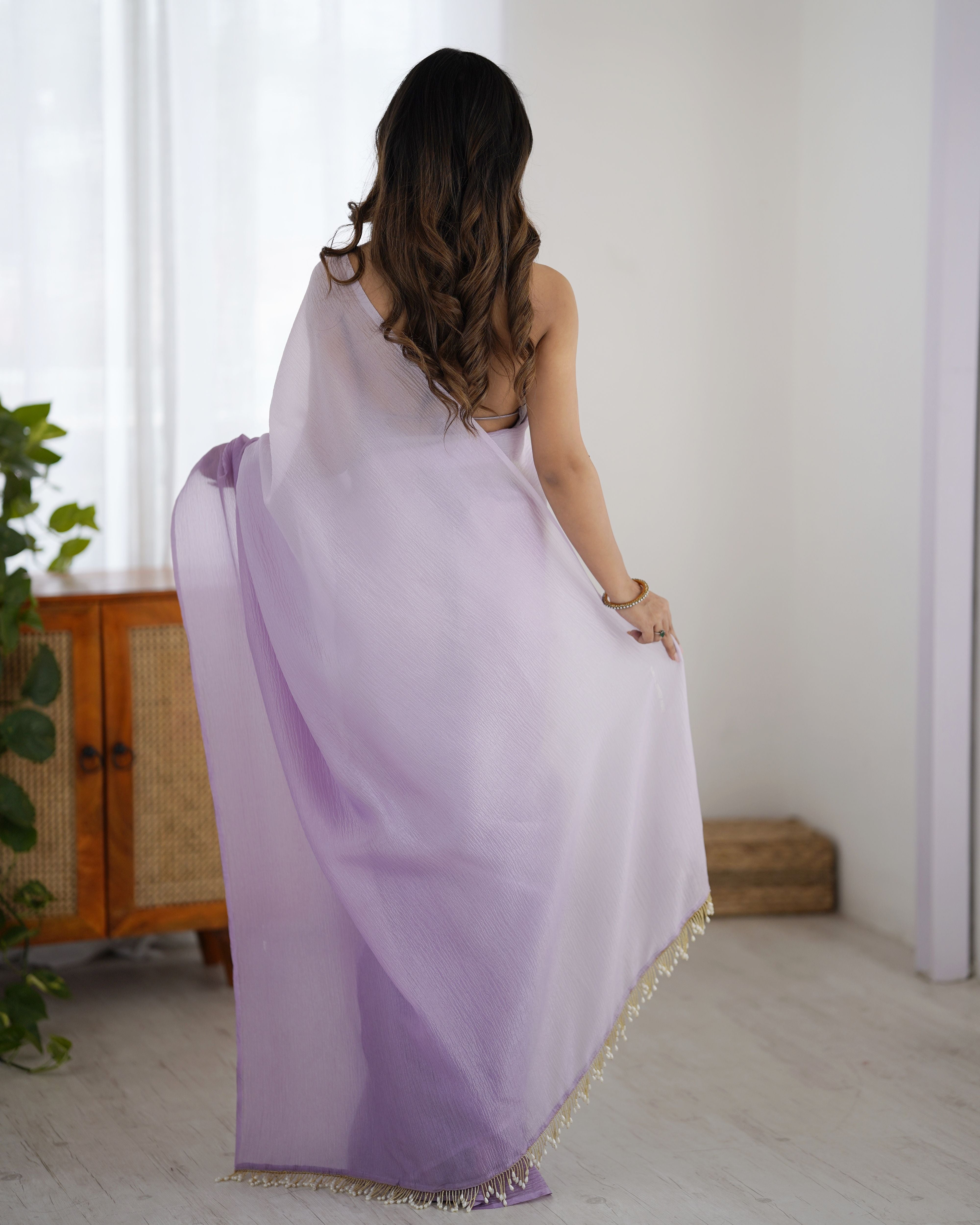 Lavender shaded Pure Soft Candy Crush Silk Ready to Wear Saree ##color## Ready to Wear Saree with premium fabric and embroidery