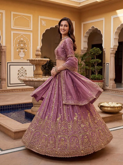 Pink Purple Pure Soft Heavy Fendi Orgenza Sequins Embroidery Work Bridal Lehenga 