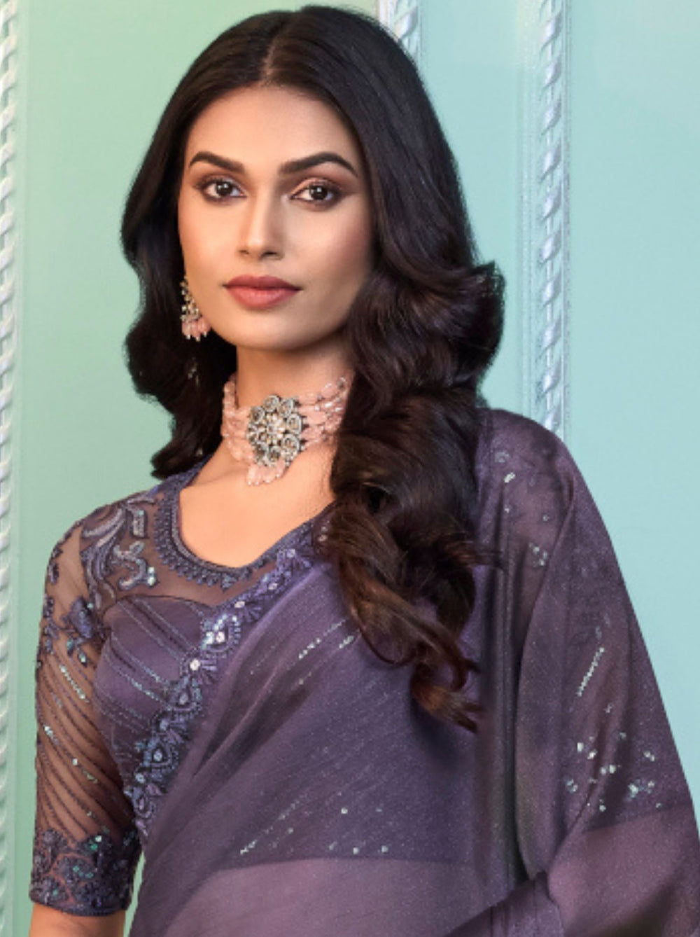 Violet Pure Georgette Burberry Silk With Floral Sequins Saree ##color## Georgette Saree with premium fabric and embroidery