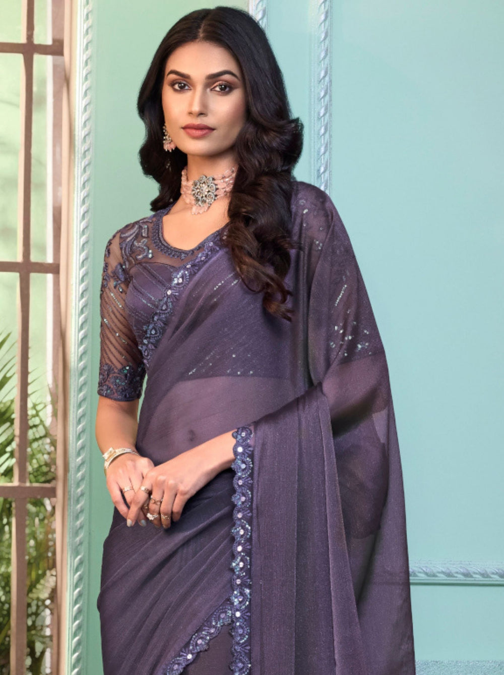 Violet Pure Georgette Burberry Silk With Floral Sequins Saree ##color## Georgette Saree with premium fabric and embroidery