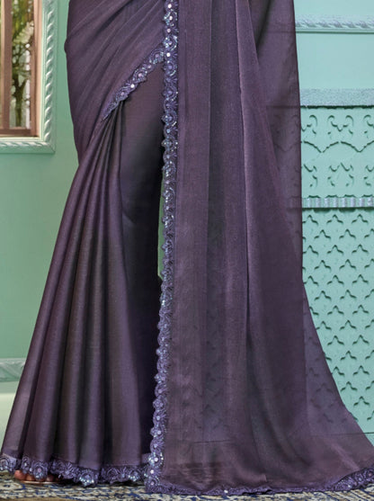 Violet Pure Georgette Burberry Silk With Floral Sequins Saree 