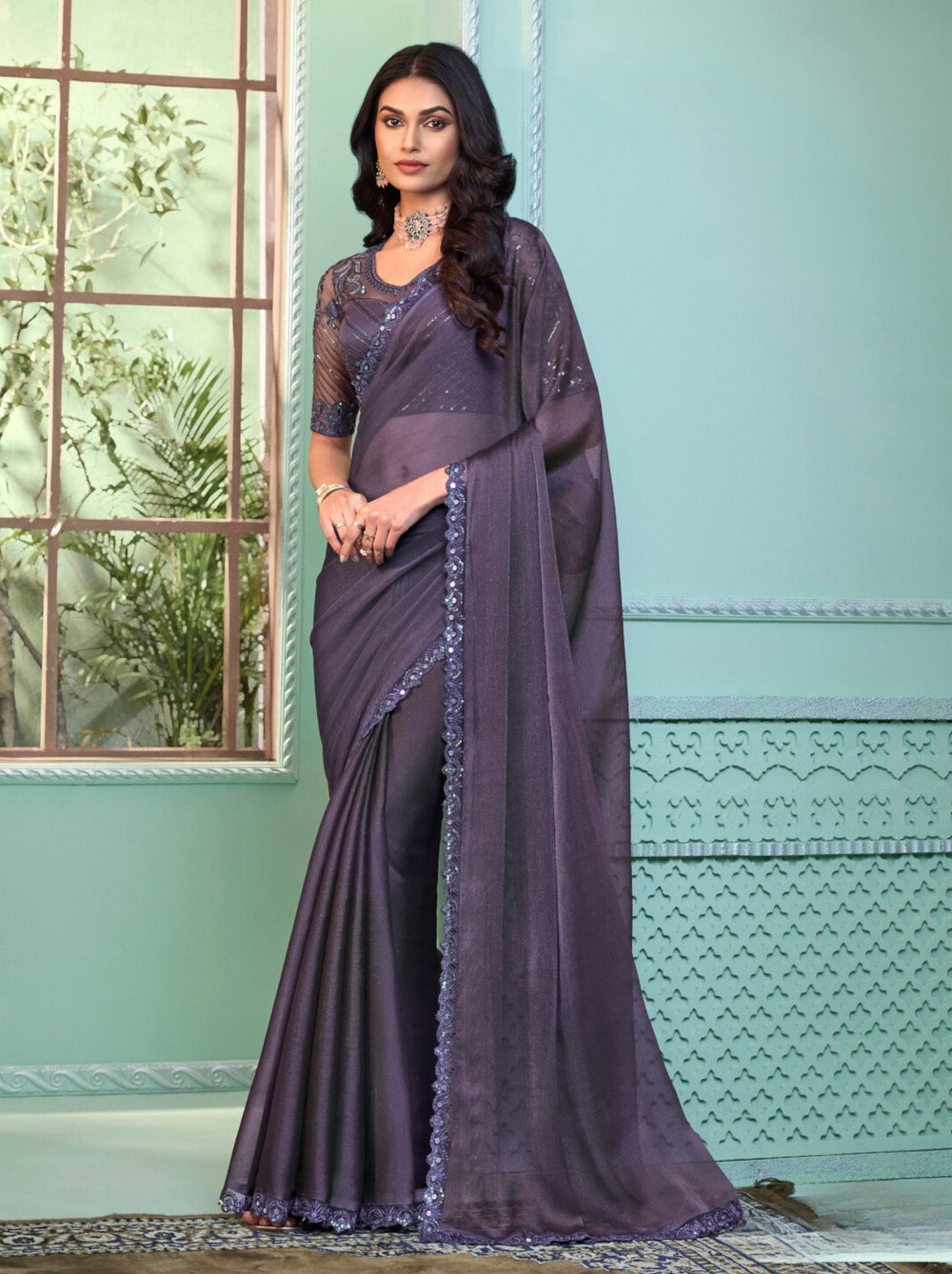 Violet Pure Georgette Burberry Silk With Floral Sequins Saree ##color## Georgette Saree with premium fabric and embroidery