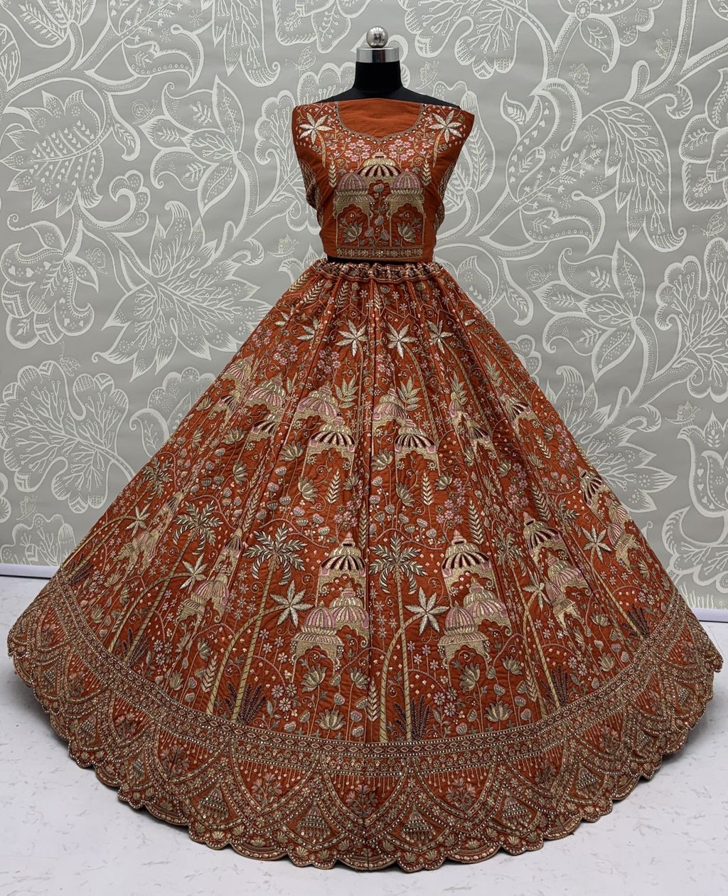 Orange Pure Soft Silk Heavy Embroidery Work Bridal Lehenga 