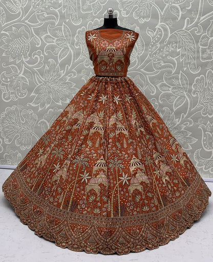 Orange Pure Soft Silk Heavy Embroidery Work Bridal Lehenga 
