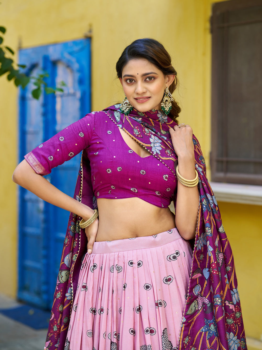 Light Pink Pure Tasar Silk Kalamkari Print With Foil Work Lehenga Choli