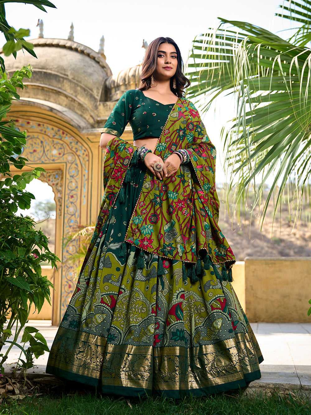 Green Pure Tasar Silk Kalamkari Print With Foil Work Lehenga Choli