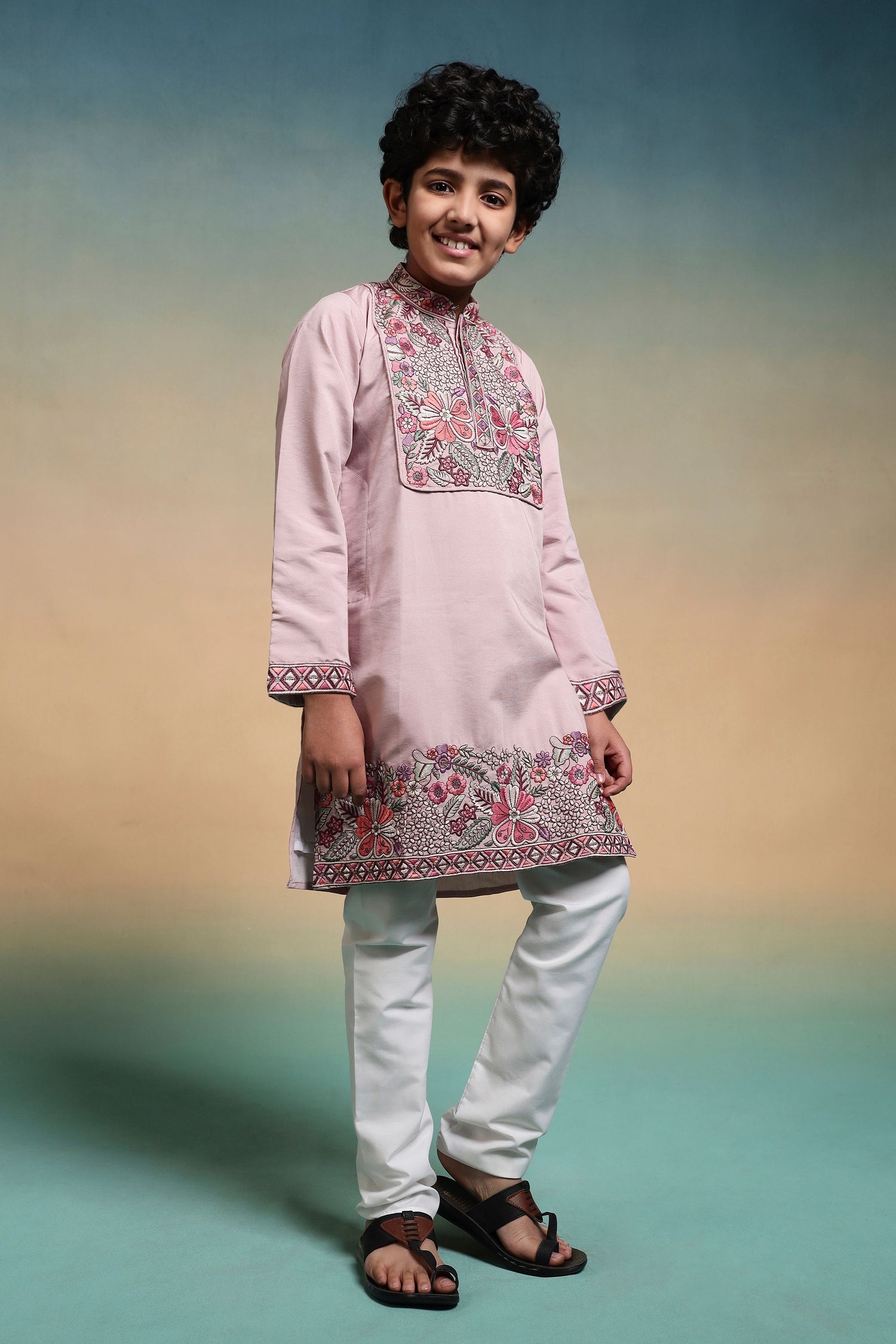 Pink Pure Viscose Silk Kids Boy Kurta Pajama
