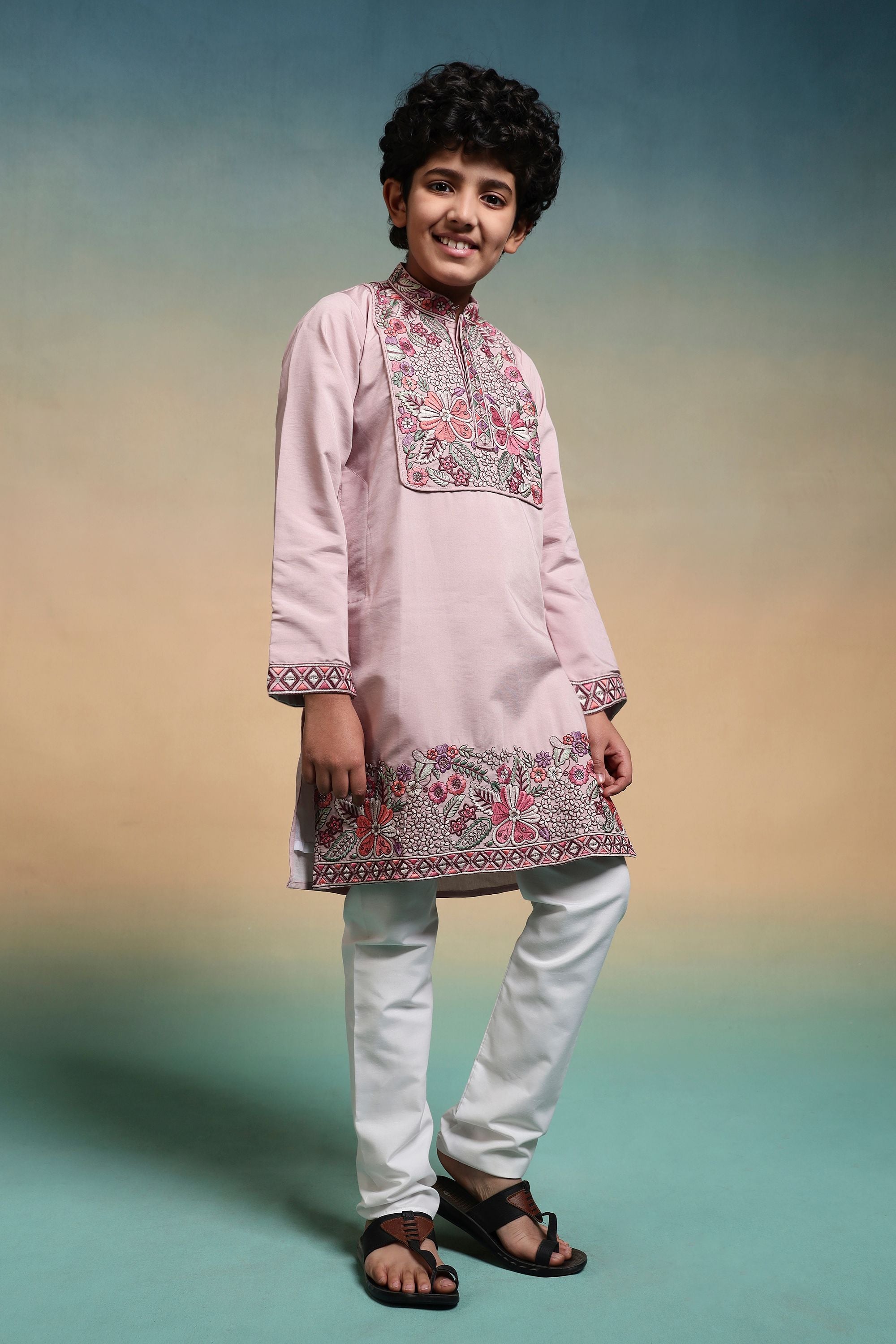 Pink Pure Viscose Silk Kids Boy Kurta Pajama