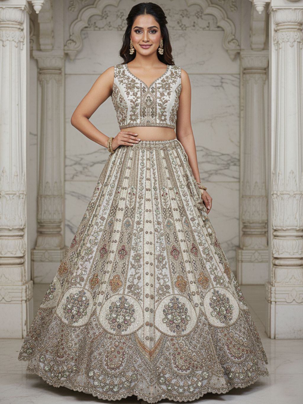 White Pure Soft Orgenza Sequins Work Bridal Lehenga Choli