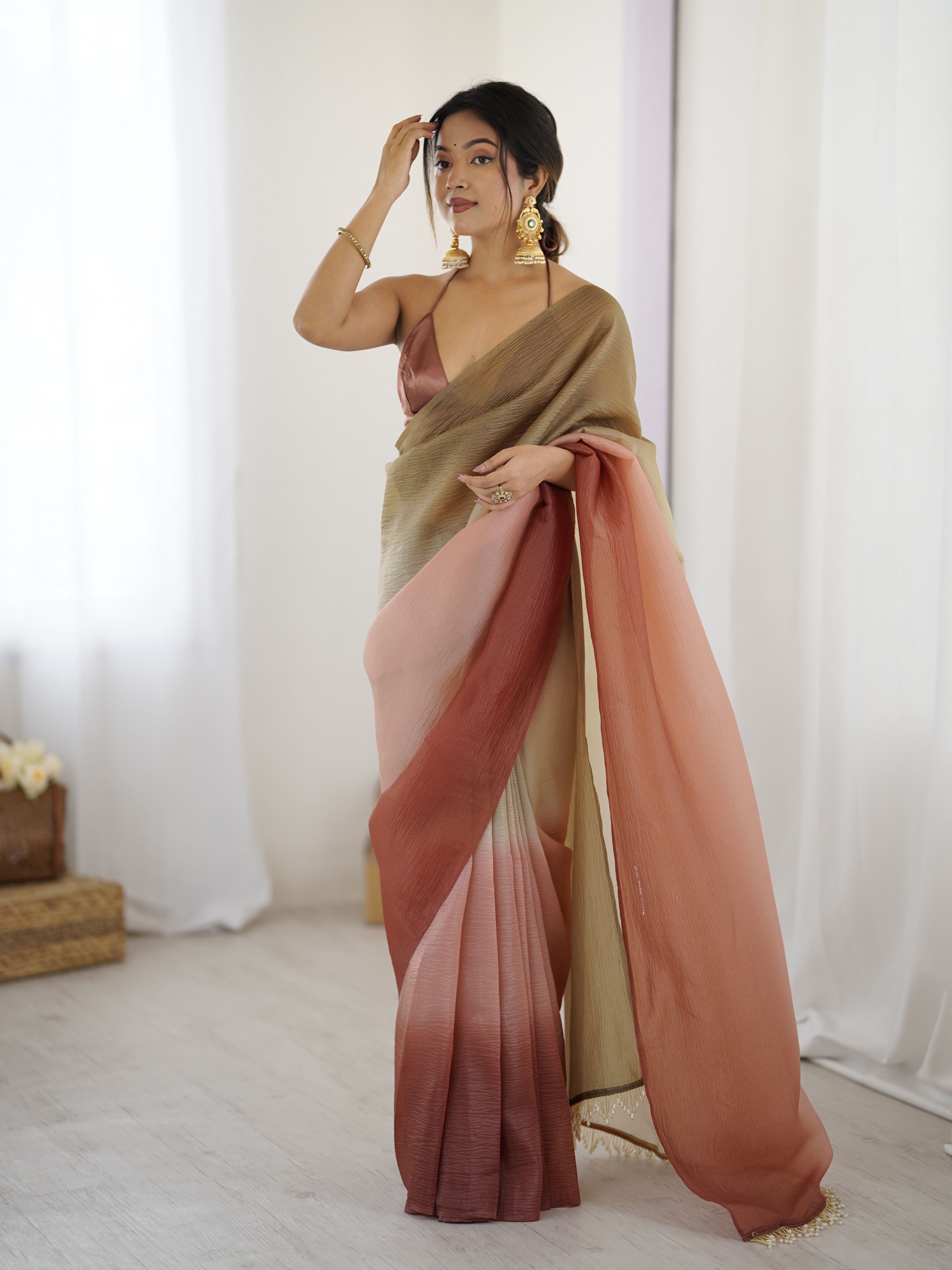 Brown shaded Pure Soft Candy Crush Silk Ready to Wear Saree ##color## Ready to Wear Saree with premium fabric and embroidery