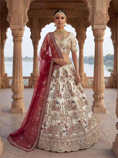 Off White Pure Soft Silk Heavy Embroidery Work Bridal Lehenga 