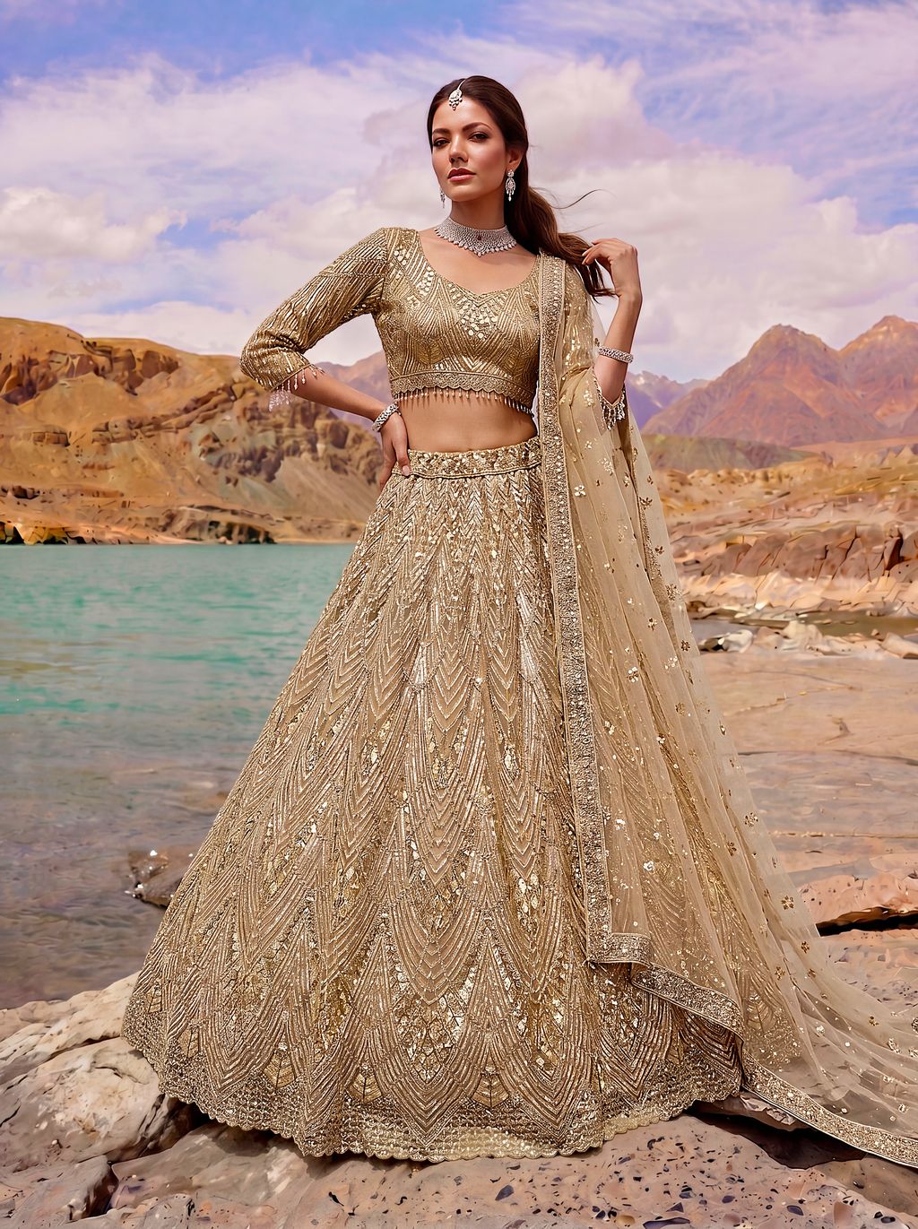 Golden Pure Soft Heavy Net Fancy Embroidery Work Bridal Lehenga Choli