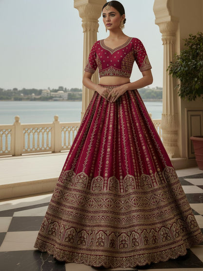 Raspberry Pure Soft Gadhwal Silk Heavy Embroidery Work Bridal Lehenga