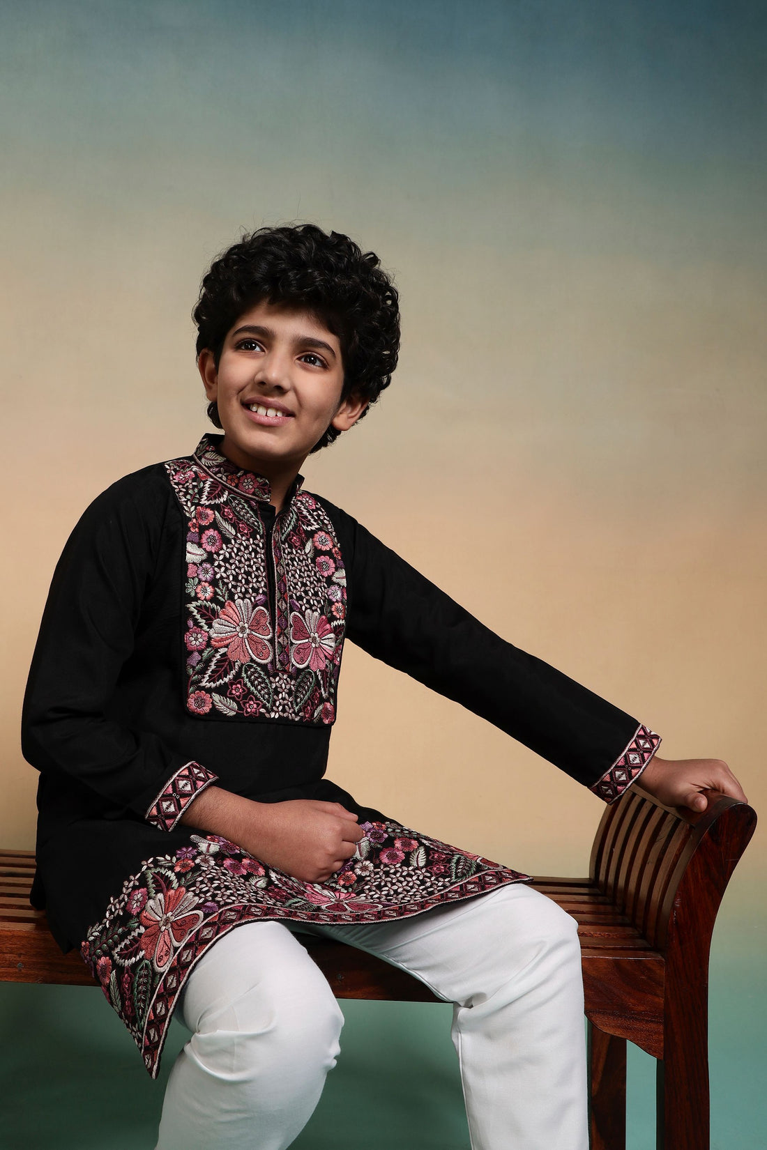 Black Pure Viscose Silk Kids Boy Kurta Pajama 