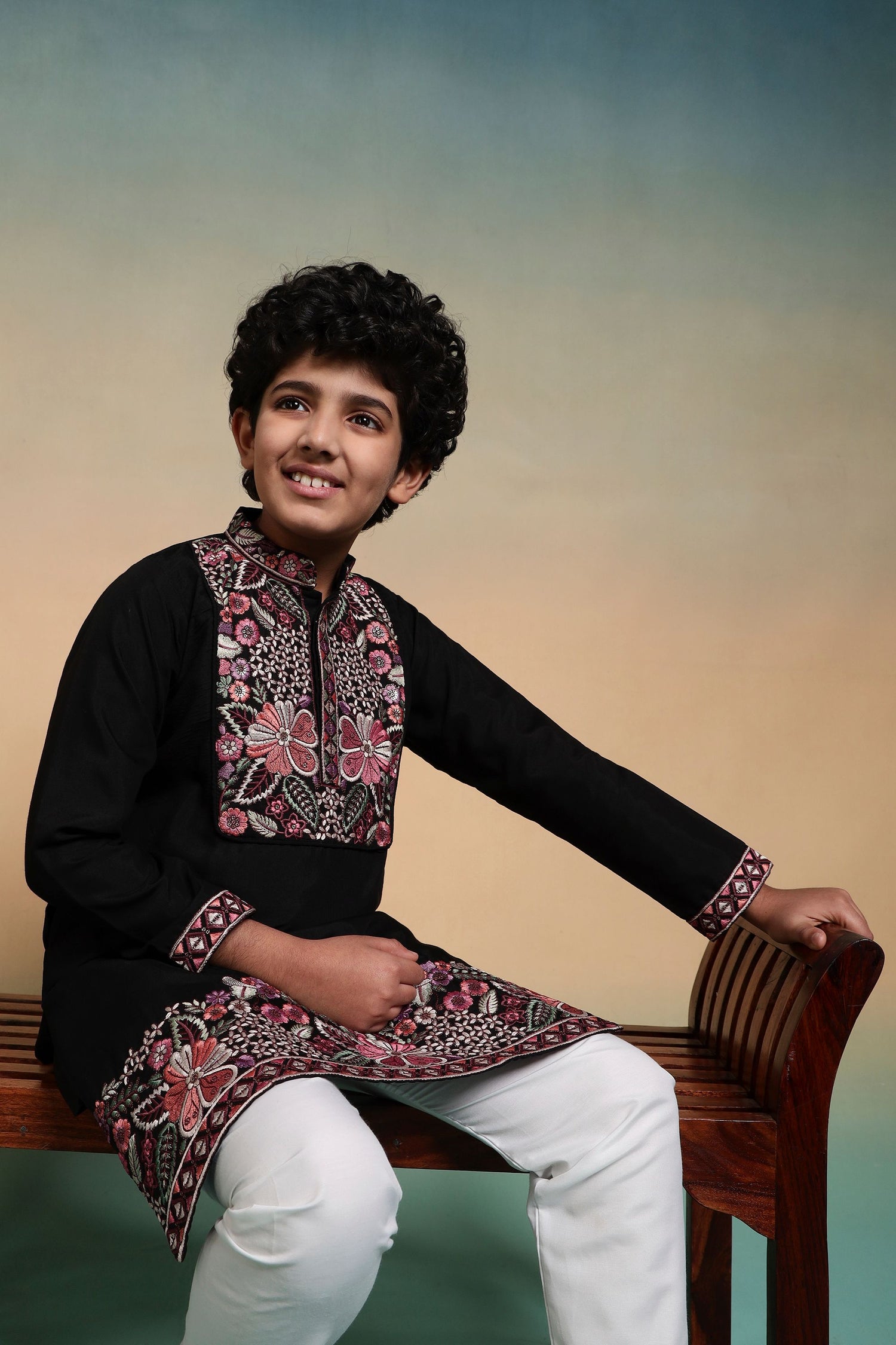 Black Pure Viscose Silk Kids Boy Kurta Pajama 