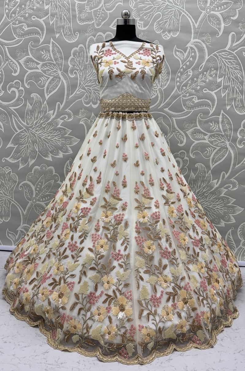 White Pure Soft Heavy Net Sequins Embroidery Work Bridal Lehenga 