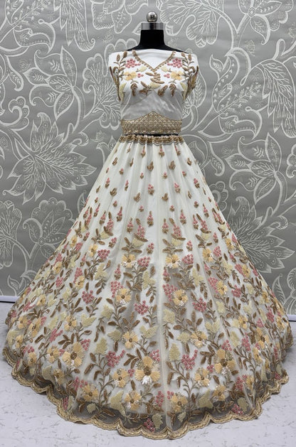 White Pure Soft Heavy Net Sequins Embroidery Work Bridal Lehenga 