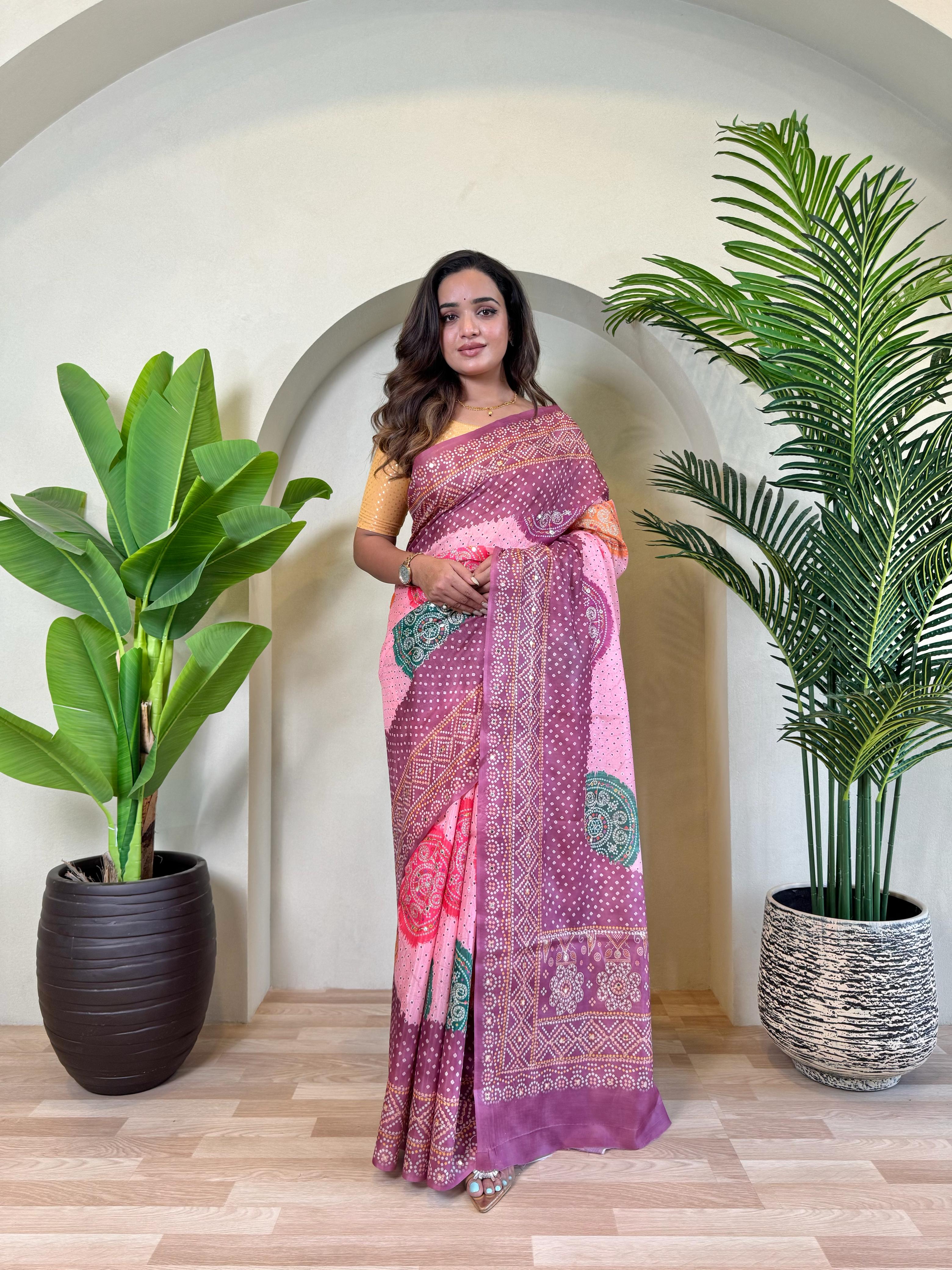 Wine Pure Soft Tissue Bandhani Print Saree