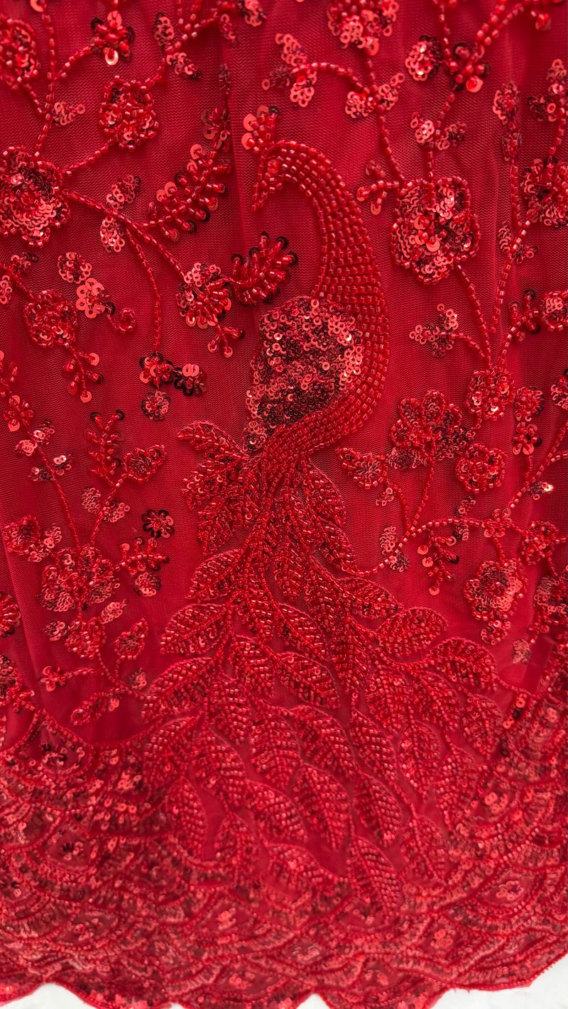 Red Pure Heavy Net Monochrome Sequins Zari Embroidery Work Net Bridal Lehenga Choli