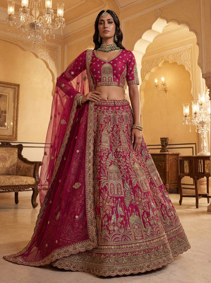 Pink Pure Soft Gadwal Silk Heavy Embroidery Work Bridal Lehenga 