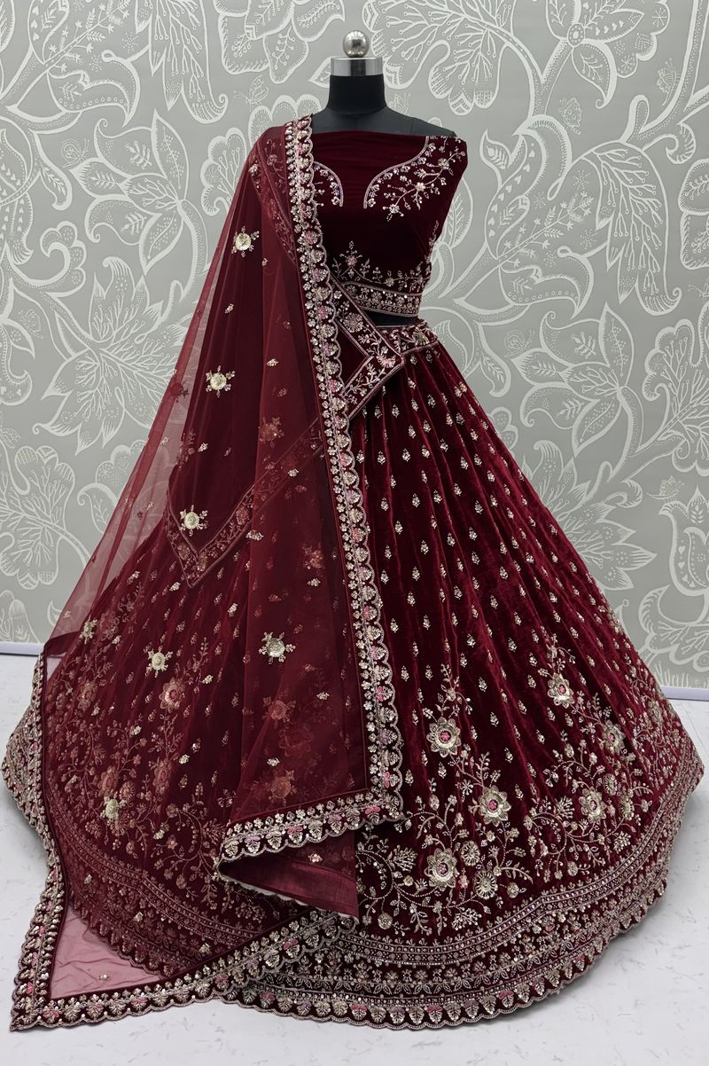 Red Pure Soft Velvet Heavy Embroidery Patch Work Bridal Lehenga