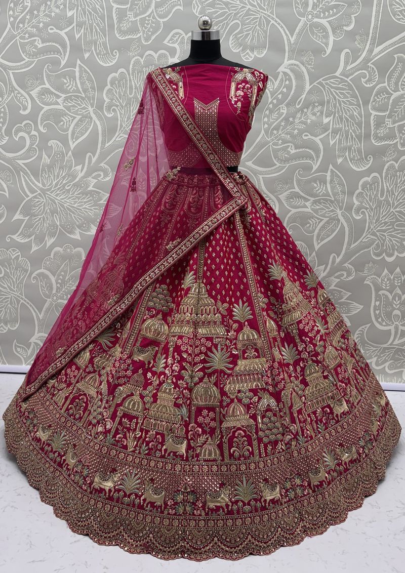 Pink Pure Soft Net Heavy Embroidery Work Bridal Lehenga