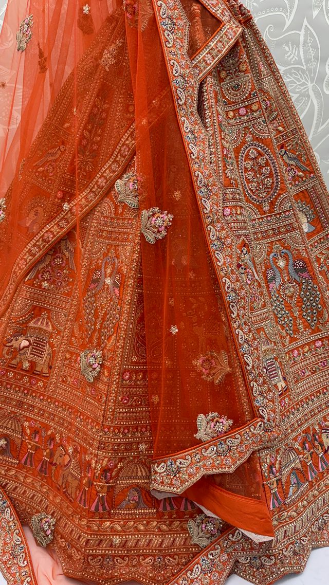 Orange Pure Soft Gadwal Silk Heavy Embroidery Work Bridal Lehenga 
