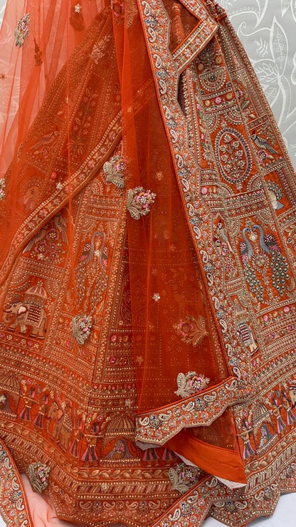Orange Pure Soft Gadwal Silk Heavy Embroidery Work Bridal Lehenga 