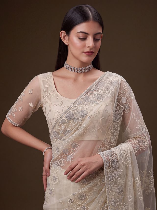 Cream Pure Premium Net Handwork Kasti &amp; Motif Zari Metallic Sequins Work Wedding Saree