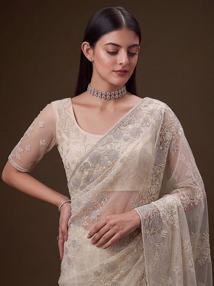 Cream Pure Premium Net Handwork Kasti &amp; Motif Zari Metallic Sequins Work Wedding Saree