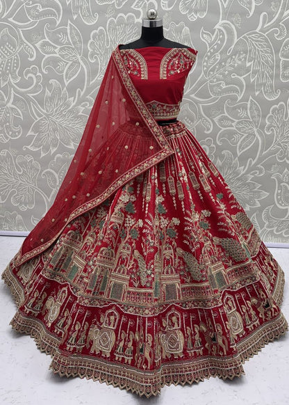 Red Pure Soft Silk Heavy Embroidery Work Bridal Lehenga