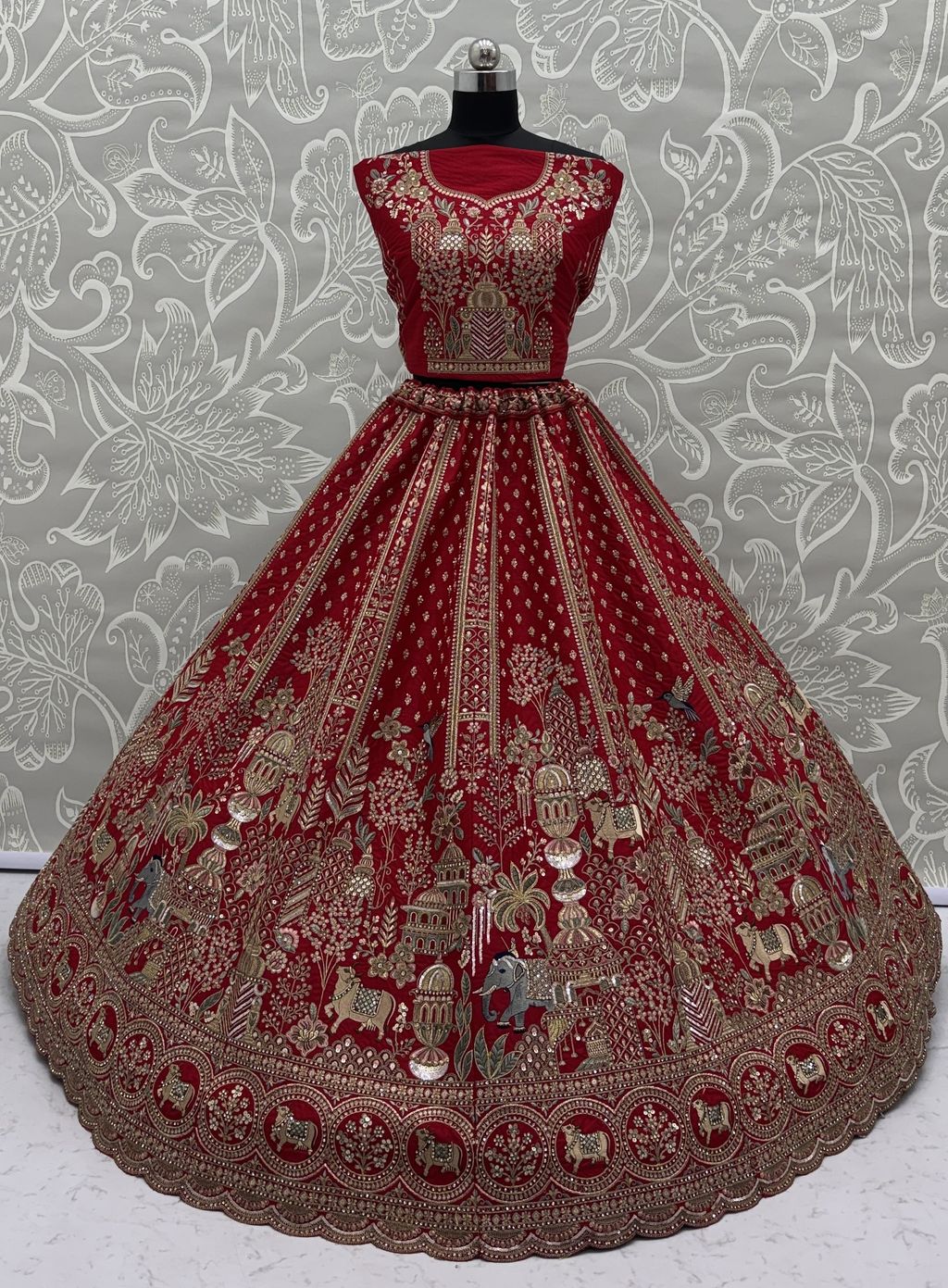 Red Pure Soft Gadwal Silk Heavy Embroidery Work Bridal Lehenga 