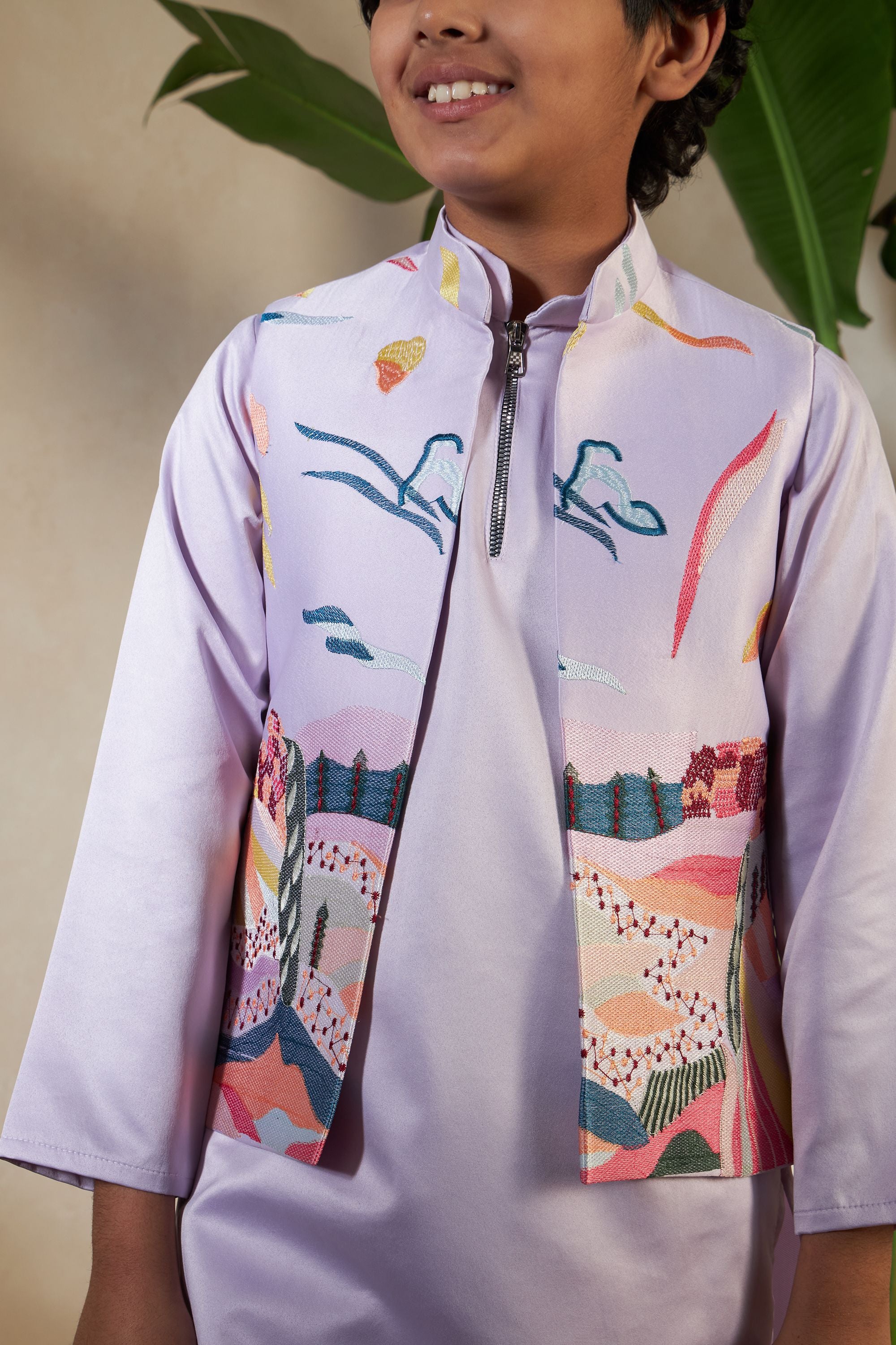 Lavender Pure Satin Silk Kids Boy Kurta Pajama With Koti Jacket 