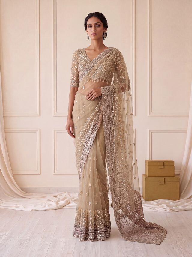 Cream Gold Pure Premium Net Handwork Kasti &amp; Motif Zari Metallic Sequins Work Wedding Saree