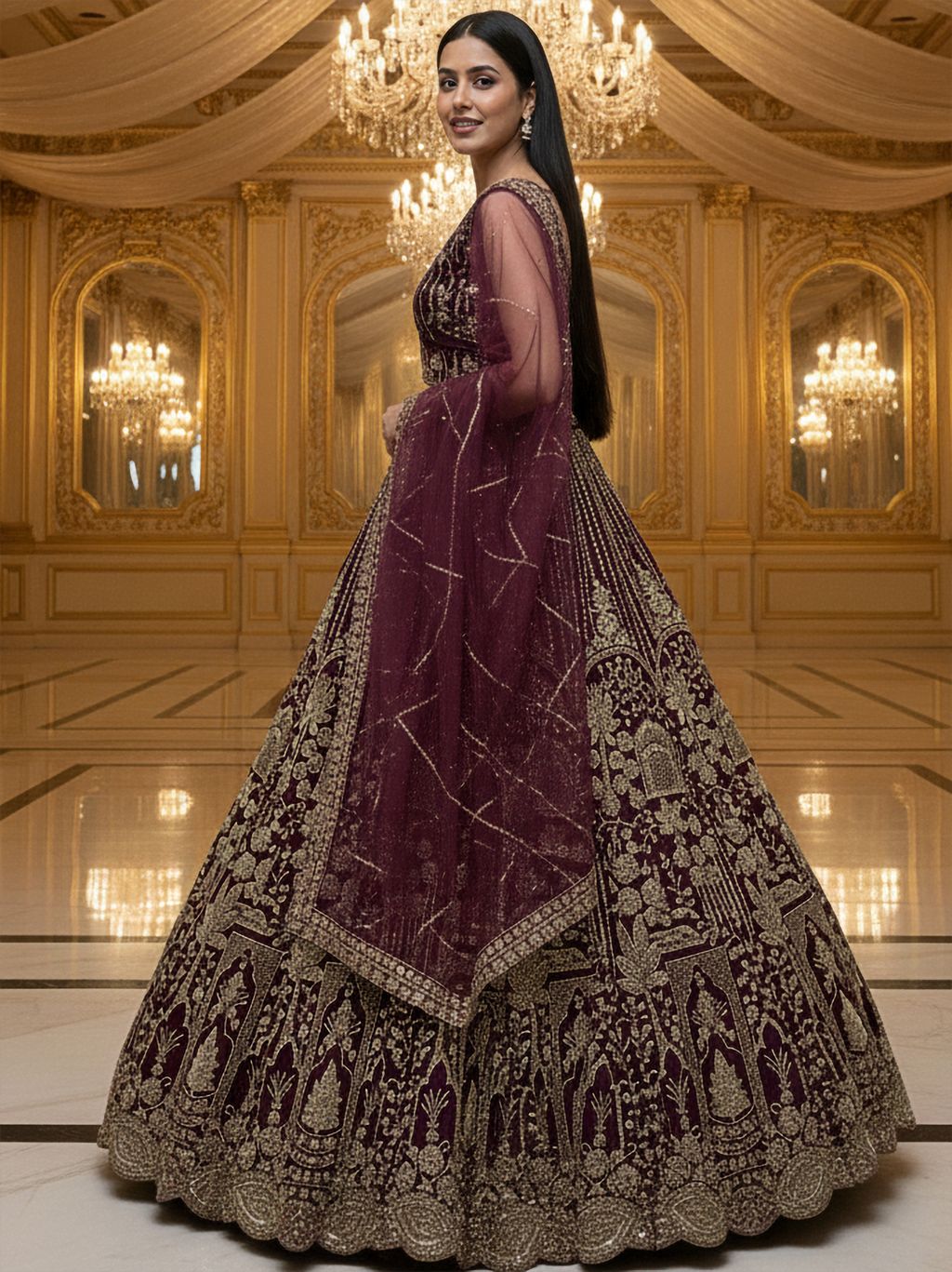 Merlot Pure Soft Net Heavy Embroidery Work Bridal Lehenga