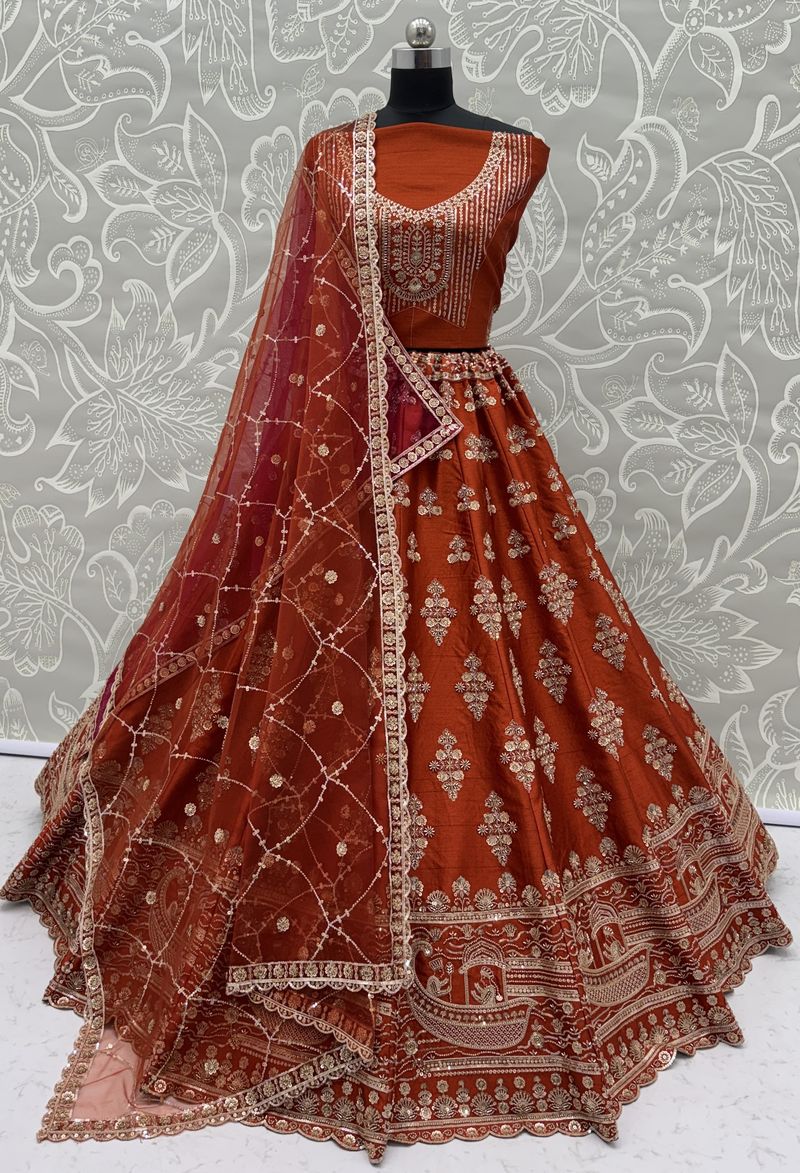 Orange Pure Soft Heavy Silk Sequins Embroidery Work Bridal Lehenga 