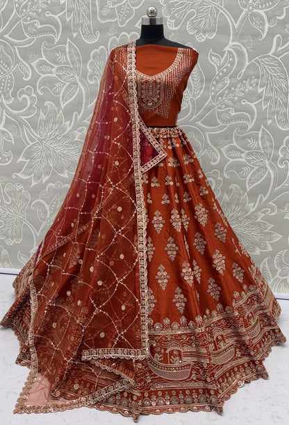 Orange Pure Soft Heavy Silk Sequins Embroidery Work Bridal Lehenga 