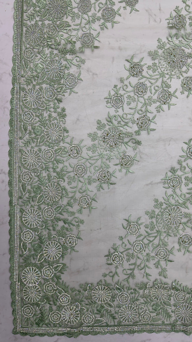 Olive Green Pure Premium Net Handwork Kasti &amp; Motif Zari Metallic Sequins Work Wedding Saree