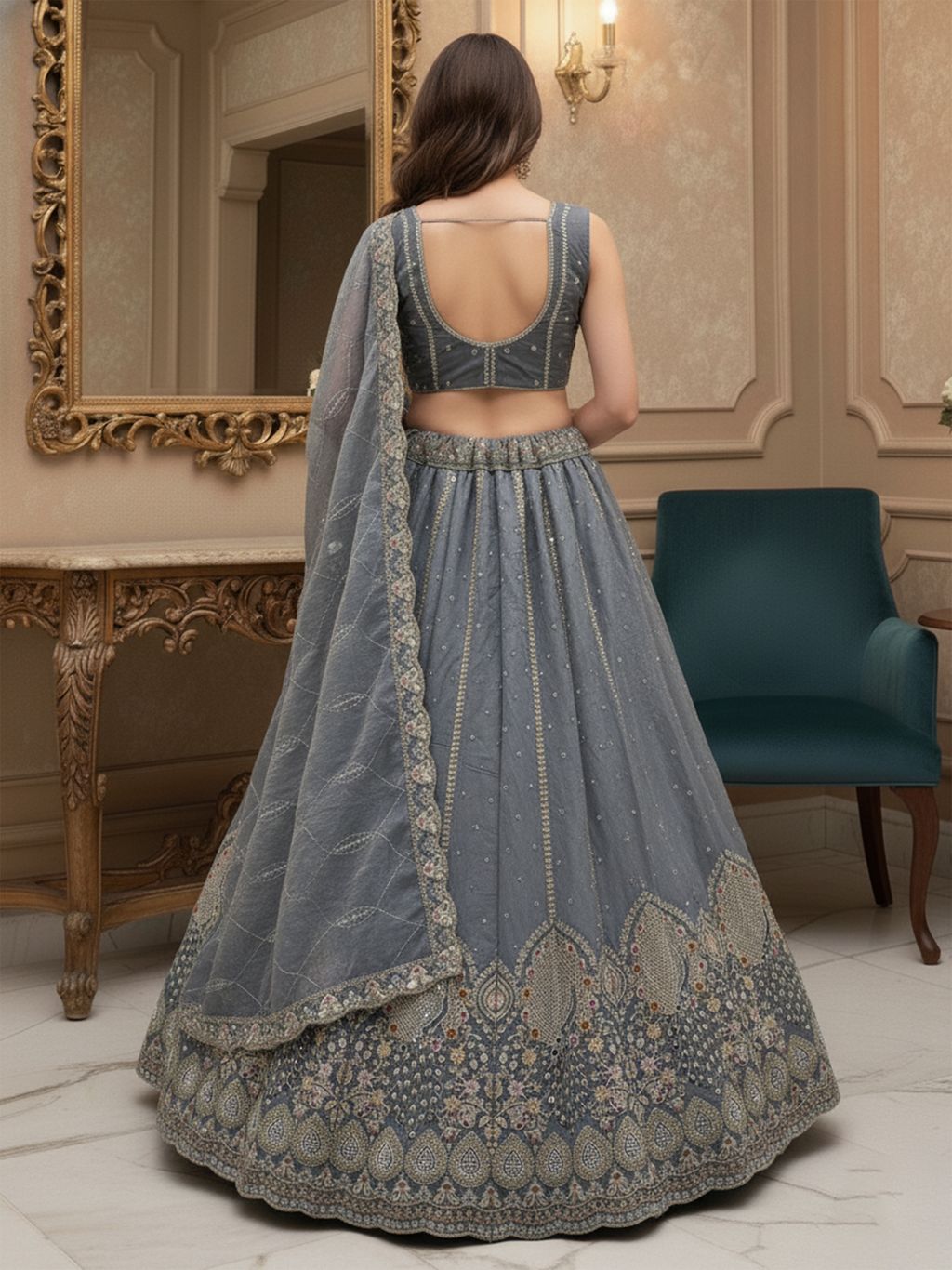 Stone Grey Pure Soft Gadhwal Silk Heavy Embroidery Work Bridal Lehenga