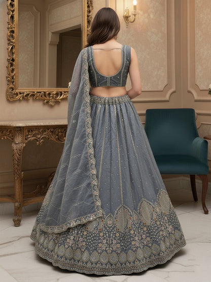 Stone Grey Pure Soft Gadhwal Silk Heavy Embroidery Work Bridal Lehenga
